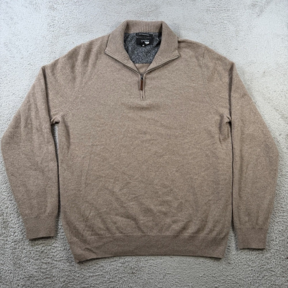 Nordstrom Sweater Mens Large Brown 100% Cashmere 1/4 Zip Pullover Soft